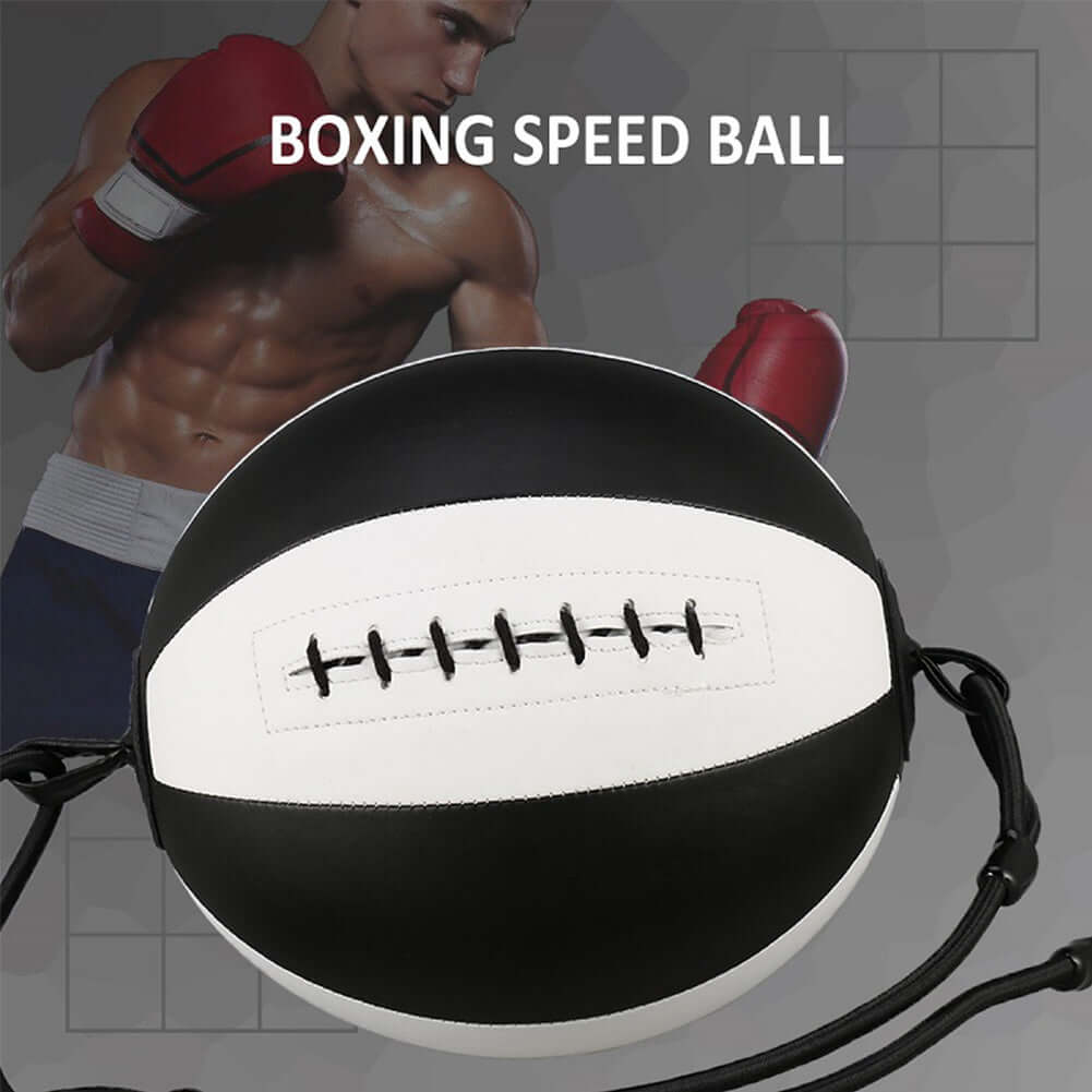 Boxing speed ball Training reaction ball Boxing ball Boxing reaction ball with a model demonstrating its use.