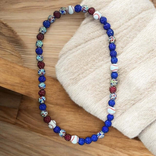 Diamond Silver - 16" Unisex Baseball Necklace featuring colorful rhinestone disco balls and baseball motifs.
