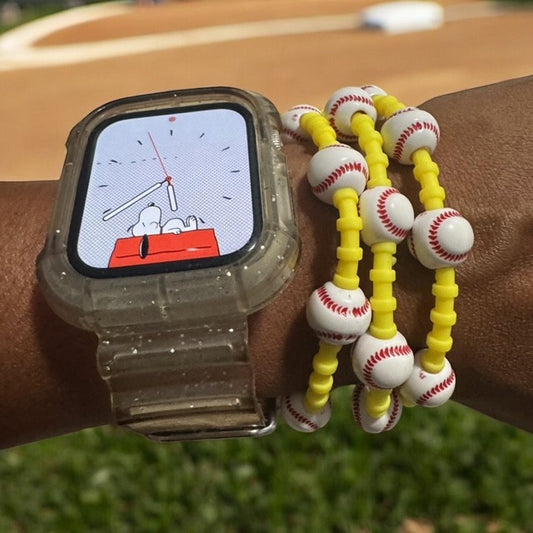 Silicone Baseball Set 3- Bracelets with Baseball-Shaped Beads worn on wrist with smartwatch outdoors.