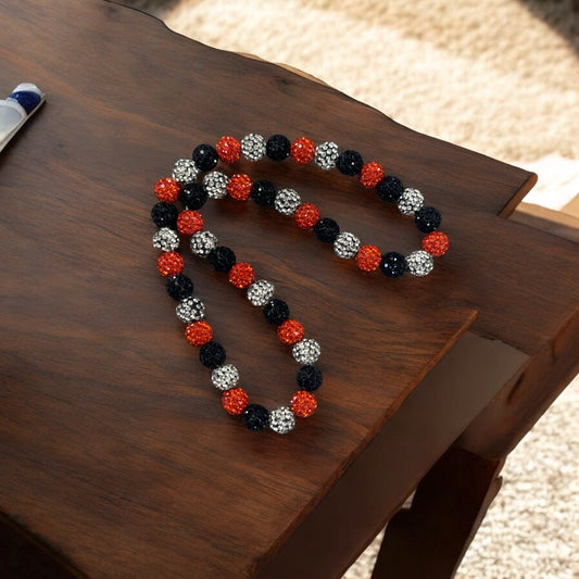 Home Run Shine Orang- 16" Unisex Baseball necklace with rhinestone disco balls in orange, black, and silver.