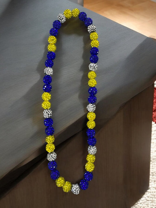 All-Star Glow Yellow Blue - 16" Unisex Baseball elastic necklace with rhinestone disco balls in blue, yellow, and silver.