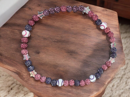 Grand Slam Sparkle 16" Girls Baseball Necklace featuring rhinestone disco balls and baseball motifs.