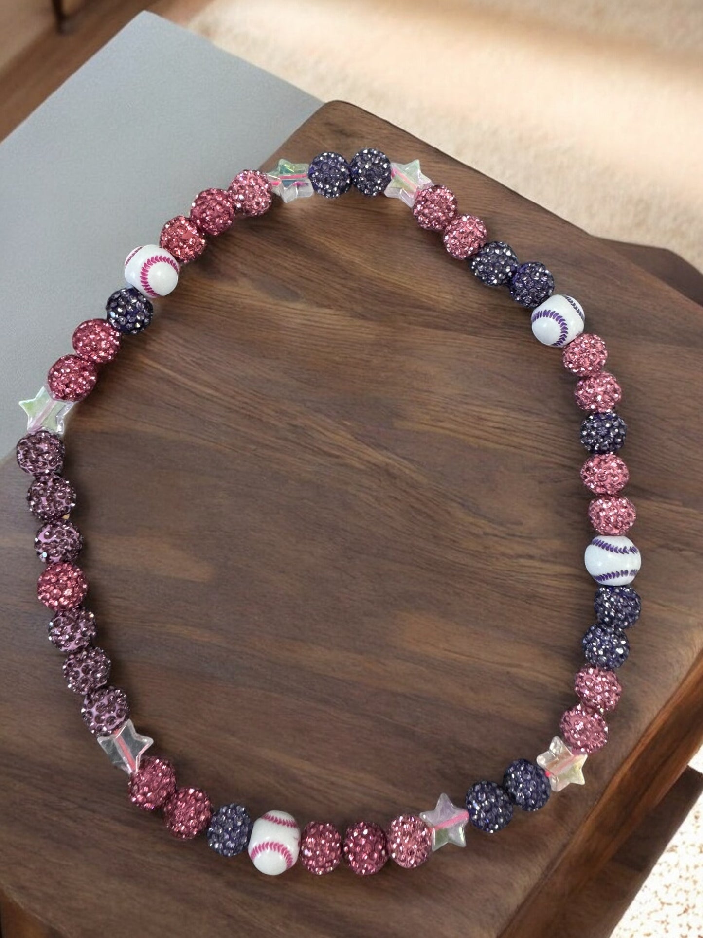 Grand Slam Sparkle 16" Girls Baseball Necklace with rhinestone disco balls and baseball charms