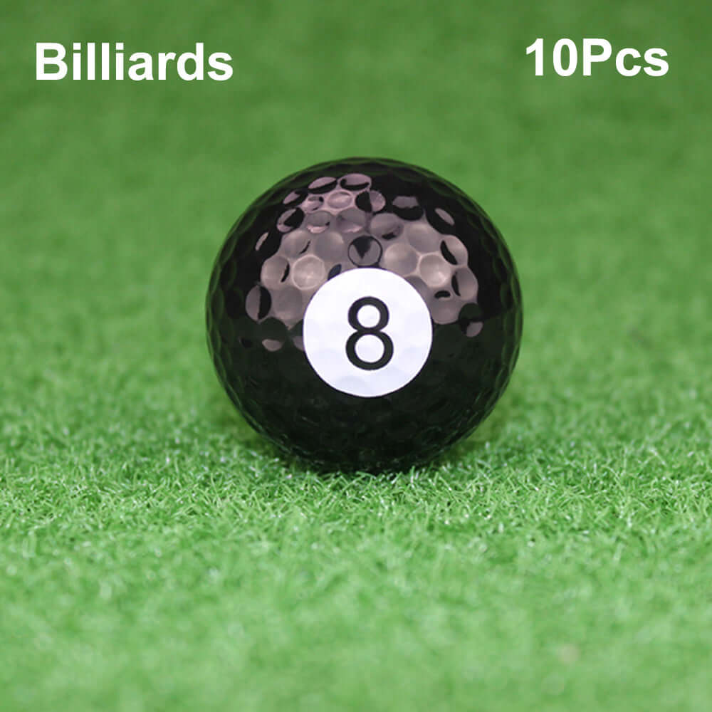 Black billiard ball with number 8 on it, part of a 10-piece set, suitable for games and practice.